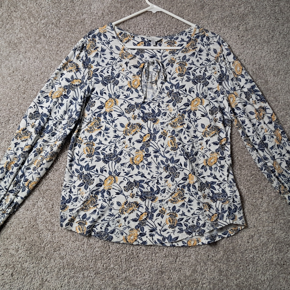 Lucky Brand Womens Small Petite Floral Blouse - Navy and Mustard